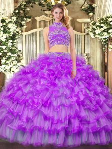 Perfect Floor Length Purple Sweet 16 Dress High-neck Sleeveless Backless
