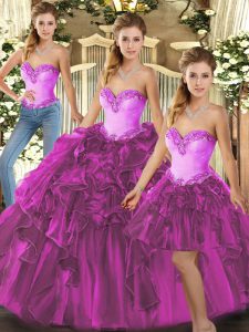  Fuchsia Three Pieces Sweetheart Sleeveless Organza Floor Length Lace Up Beading and Ruffles Quinceanera Dress