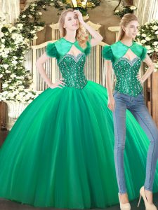  Green Tulle Lace Up Sweetheart Sleeveless Floor Length Sweet 16 Dresses Beading