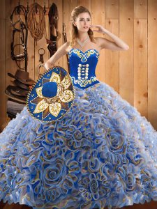Shining Multi-color Ball Gowns Embroidery Sweet 16 Dresses Lace Up Satin and Fabric With Rolling Flowers Sleeveless With Train
