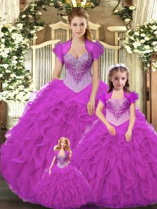 Glamorous Sleeveless Floor Length Beading and Ruffles Lace Up Vestidos de Quinceanera with Fuchsia