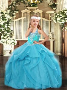  Floor Length Aqua Blue Little Girls Pageant Gowns Straps Sleeveless Lace Up