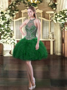 Fine Dark Green Lace Up Halter Top Beading and Ruffles Prom Evening Gown Tulle Sleeveless