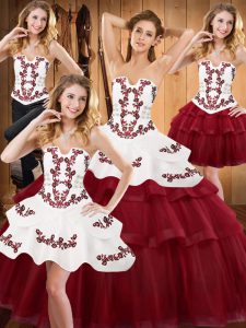 Amazing Strapless Sleeveless Lace Up Quinceanera Dress Burgundy Satin and Organza