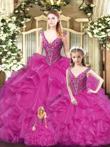 Romantic Straps Sleeveless Lace Up Quinceanera Dresses Fuchsia Tulle