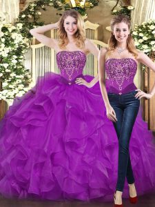  Floor Length Purple Quinceanera Gown Organza Sleeveless Beading and Ruffles