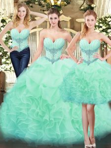 Dazzling Apple Green Three Pieces Sweetheart Sleeveless Organza Floor Length Lace Up Beading and Ruffles Quinceanera Dress