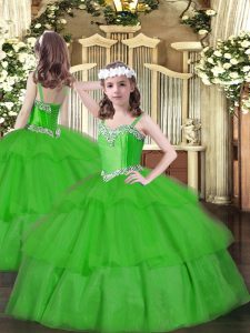 Luxurious Green Kids Pageant Dress Military Ball and Sweet 16 and Quinceanera with Beading and Ruffled Layers Straps Sleeveless Lace Up