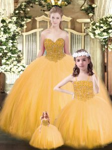  Sleeveless Floor Length Beading Lace Up Quince Ball Gowns with Gold