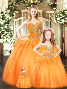 Customized Sleeveless Tulle Floor Length Lace Up 15 Quinceanera Dress in Orange Red with Beading and Ruffles