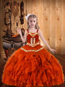  Orange Red Straps Lace Up Embroidery and Ruffles Kids Pageant Dress Sleeveless