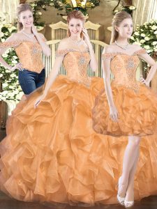 Artistic Orange Red Sleeveless Organza Lace Up Sweet 16 Dress for Military Ball and Sweet 16 and Quinceanera