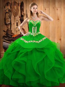 Designer Floor Length Lace Up Sweet 16 Dress Green for Military Ball and Sweet 16 and Quinceanera with Embroidery and Ruffles
