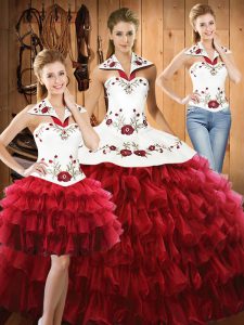 Custom Designed Wine Red Lace Up Ball Gown Prom Dress Embroidery and Ruffled Layers Sleeveless Floor Length