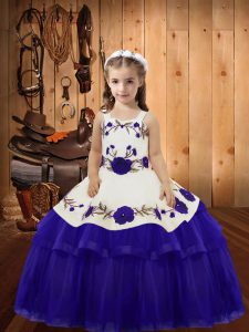  Purple Straps Neckline Embroidery and Ruffled Layers Little Girl Pageant Gowns Sleeveless Lace Up