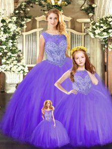  Sleeveless Tulle Floor Length Lace Up Quince Ball Gowns in Purple with Beading