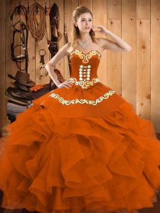 Graceful Rust Red Quinceanera Dresses Military Ball and Sweet 16 and Quinceanera with Embroidery and Ruffles Sweetheart Sleeveless Lace Up