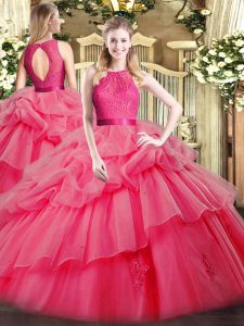 High Class Coral Red Ball Gowns Lace and Ruffled Layers Sweet 16 Dress Zipper Organza Sleeveless Floor Length