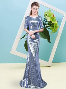 Superior Blue Half Sleeves Sequins Floor Length Prom Dresses