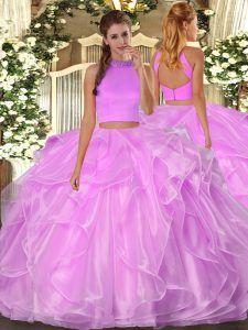 Affordable Lilac Sleeveless Floor Length Beading and Ruffles Backless Sweet 16 Dress