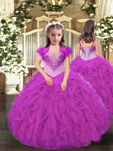 Eye-catching Fuchsia Ball Gowns Straps Sleeveless Organza Floor Length Lace Up Beading and Ruffles Little Girl Pageant Gowns