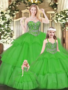 High End Green Sleeveless Floor Length Beading and Ruffled Layers Lace Up Sweet 16 Dress