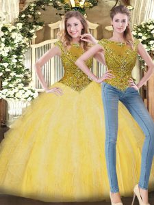  Sleeveless Floor Length Beading and Ruffles Zipper Quinceanera Gown with Yellow