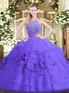  Halter Top Sleeveless Tulle Quinceanera Gown Beading and Ruffled Layers Zipper