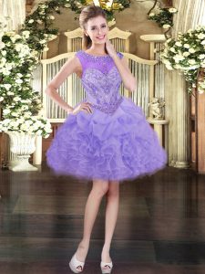 Free and Easy Scoop Sleeveless Prom Evening Gown Mini Length Beading and Ruffles and Pick Ups Lavender Organza