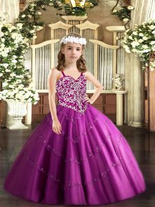 Beauteous Ball Gowns Kids Formal Wear Fuchsia Straps Tulle Sleeveless Floor Length Lace Up