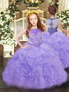  Lavender Sleeveless Floor Length Beading and Ruffles and Pick Ups Zipper Little Girls Pageant Dress