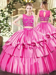 Fancy Rose Pink Zipper Scoop Beading and Ruffled Layers Quinceanera Gown Tulle Sleeveless