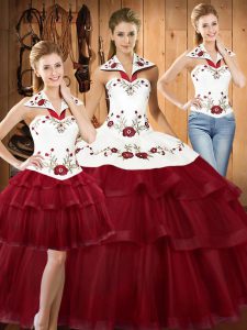  Wine Red Lace Up Vestidos de Quinceanera Embroidery and Ruffled Layers Sleeveless With Train Sweep Train