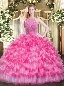 Suitable Hot Pink Quinceanera Dress Military Ball and Sweet 16 and Quinceanera with Beading and Ruffled Layers Halter Top Sleeveless Zipper