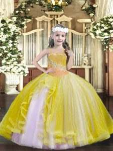 Lovely Light Yellow Straps Lace Up Beading Little Girls Pageant Dress Wholesale Sleeveless