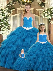 Extravagant Floor Length Lace Up 15th Birthday Dress Teal for Military Ball and Sweet 16 and Quinceanera with Ruffles