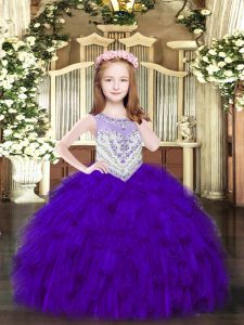  Purple Zipper Party Dress for Toddlers Beading and Ruffles Sleeveless Floor Length