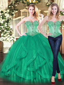 Flirting Sleeveless Floor Length Beading and Ruffles Lace Up Quinceanera Gown with Turquoise
