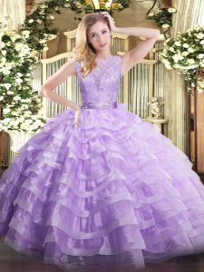Custom Fit Ball Gowns 15 Quinceanera Dress Lavender Scoop Organza Sleeveless Floor Length Backless