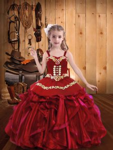  Organza Straps Sleeveless Lace Up Embroidery and Ruffles Little Girls Pageant Gowns in Red