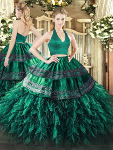 Dazzling Dark Green Sweet 16 Dress Military Ball and Sweet 16 and Quinceanera with Appliques and Ruffles Halter Top Sleeveless Zipper