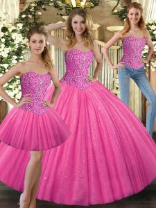 Admirable Beading Quinceanera Gowns Hot Pink Lace Up Sleeveless Floor Length