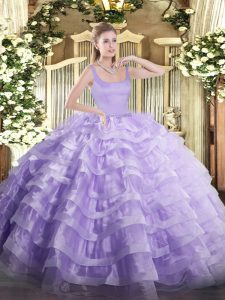 Floor Length Lavender Sweet 16 Dresses Organza Sleeveless Beading and Ruffled Layers