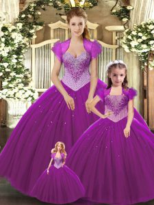 Exquisite Fuchsia Sleeveless Tulle Lace Up 15th Birthday Dress for Military Ball and Sweet 16 and Quinceanera