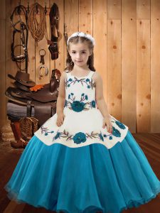  Teal Straps Lace Up Embroidery Little Girls Pageant Gowns Sleeveless