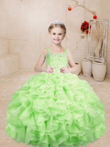Trendy Sleeveless Organza Floor Length Lace Up Kids Formal Wear in Yellow Green with Beading and Ruffles