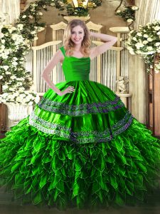 Ideal Green Ball Gowns Straps Sleeveless Organza Floor Length Zipper Appliques and Ruffles Ball Gown Prom Dress