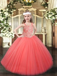 Enchanting Coral Red Sleeveless Beading Floor Length Little Girls Pageant Dress Wholesale