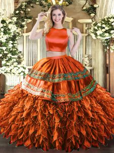 Pretty Rust Red Two Pieces High-neck Sleeveless Tulle Floor Length Criss Cross Ruffles and Sequins Sweet 16 Dresses