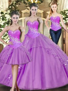 Best Floor Length Lace Up Sweet 16 Quinceanera Dress Lilac for Military Ball and Sweet 16 and Quinceanera with Beading
